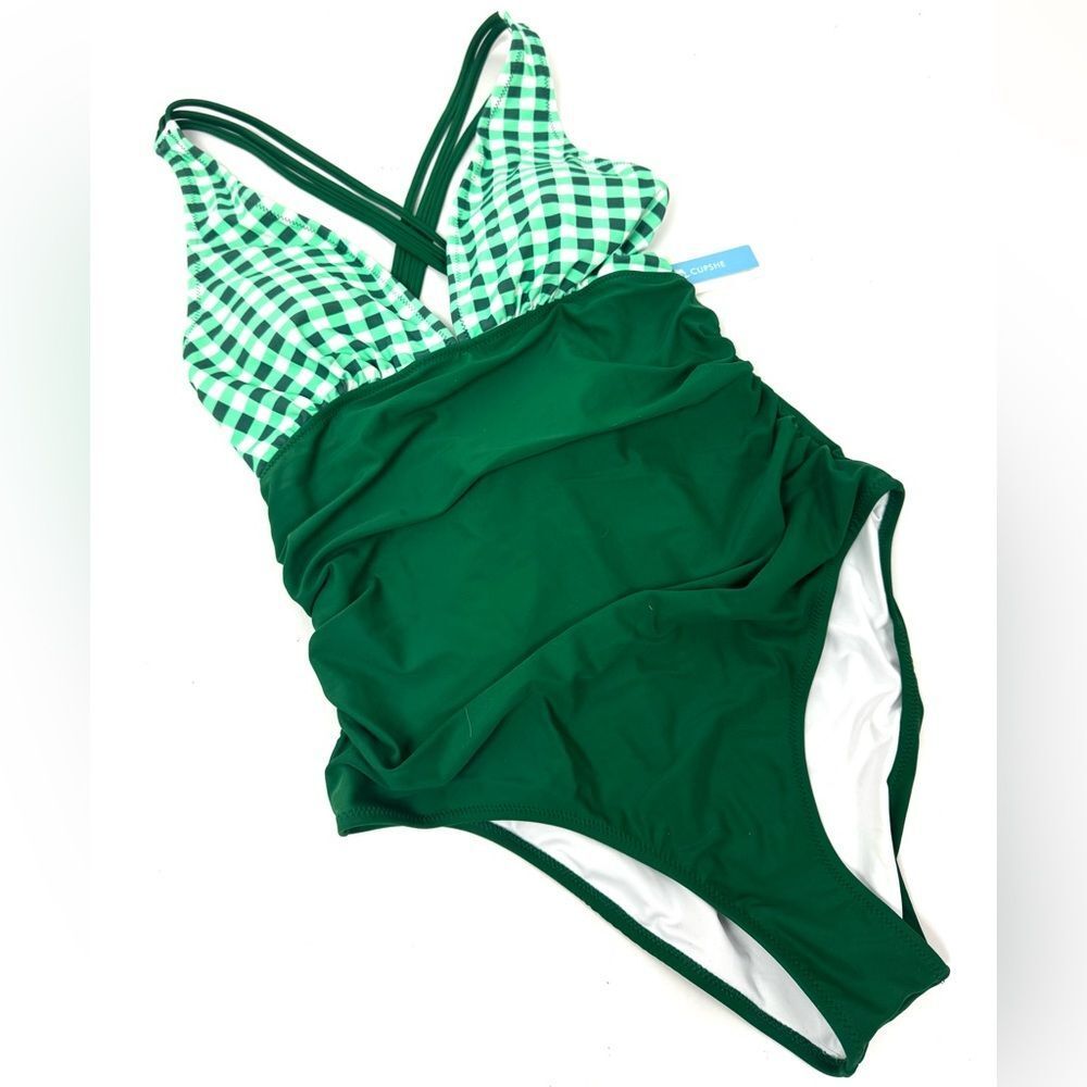 Green One Piece V Neck Slimming Swimwear Tummy Control L